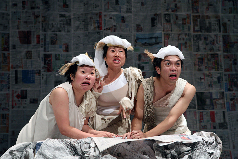 Three actors in shocked look in Death of A Hero by Paper Monkey Theatre Singapore