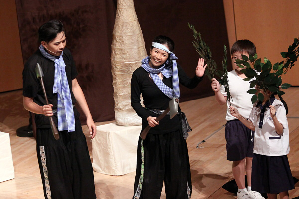 On stage interaction with students as trees and actors the woodcutters