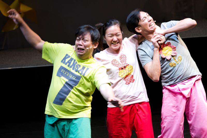 Three actors in different expressions in The Three Big Bullies by Paper Monkey Theatre Singapore