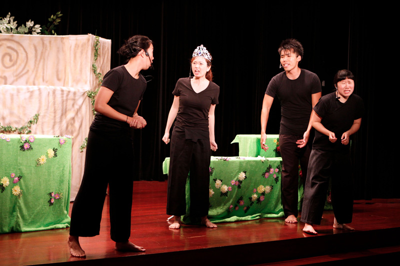 Four actors on stage in Tree Neighbours by Paper Monkey Theatre Singapore