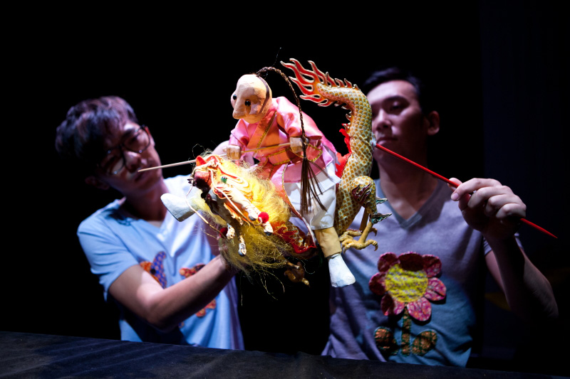A dragon and boy puppet in The Three Big Bullies by Paper Monkey Theatre Singapore