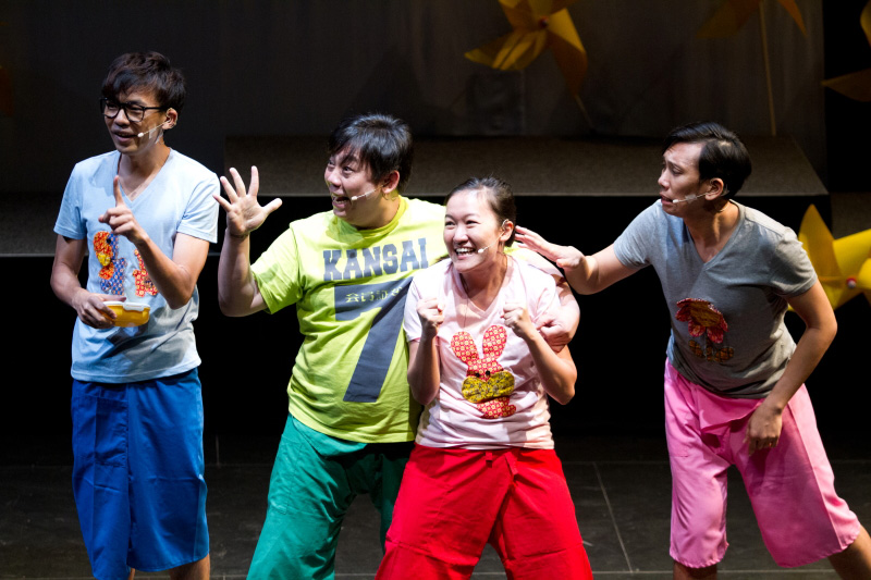Four actors with different expressions in The Three Big Bullies by Paper Monkey Theatre Singapore