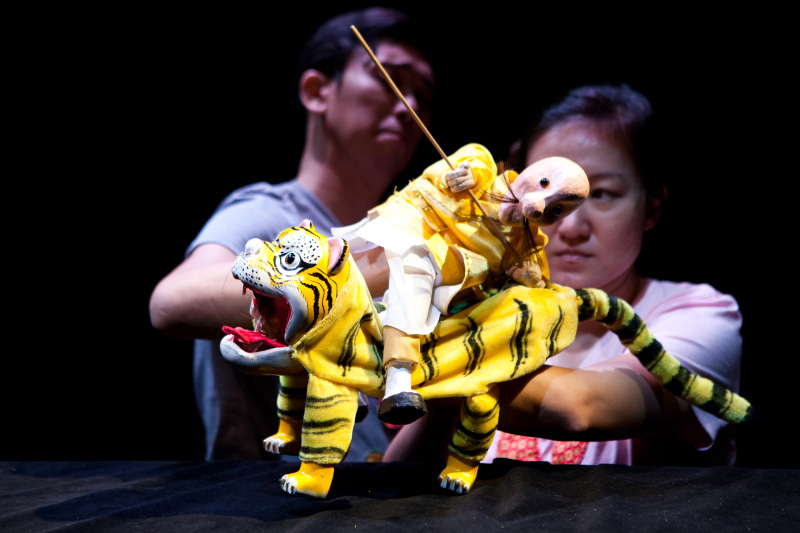 Traditional Hand puppets of tiger and Hero in The Three Big Bullies by Paper Monkey Theatre Singapore