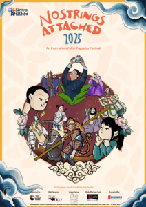 No Strings Attached is an annual mini international puppetry festival organised by the Paper Monkey Theatre. The festival gathers reputable puppetry groups and artists from across the world. We have had the honour to host groups from countries such as Australia, Korea, Indonesia, Malaysia, Italy, Taiwan and Thailand. A man holding onto a teapot, surrounded by hand puppets, of characters from journey west, boys and girls are eagerly looking at them